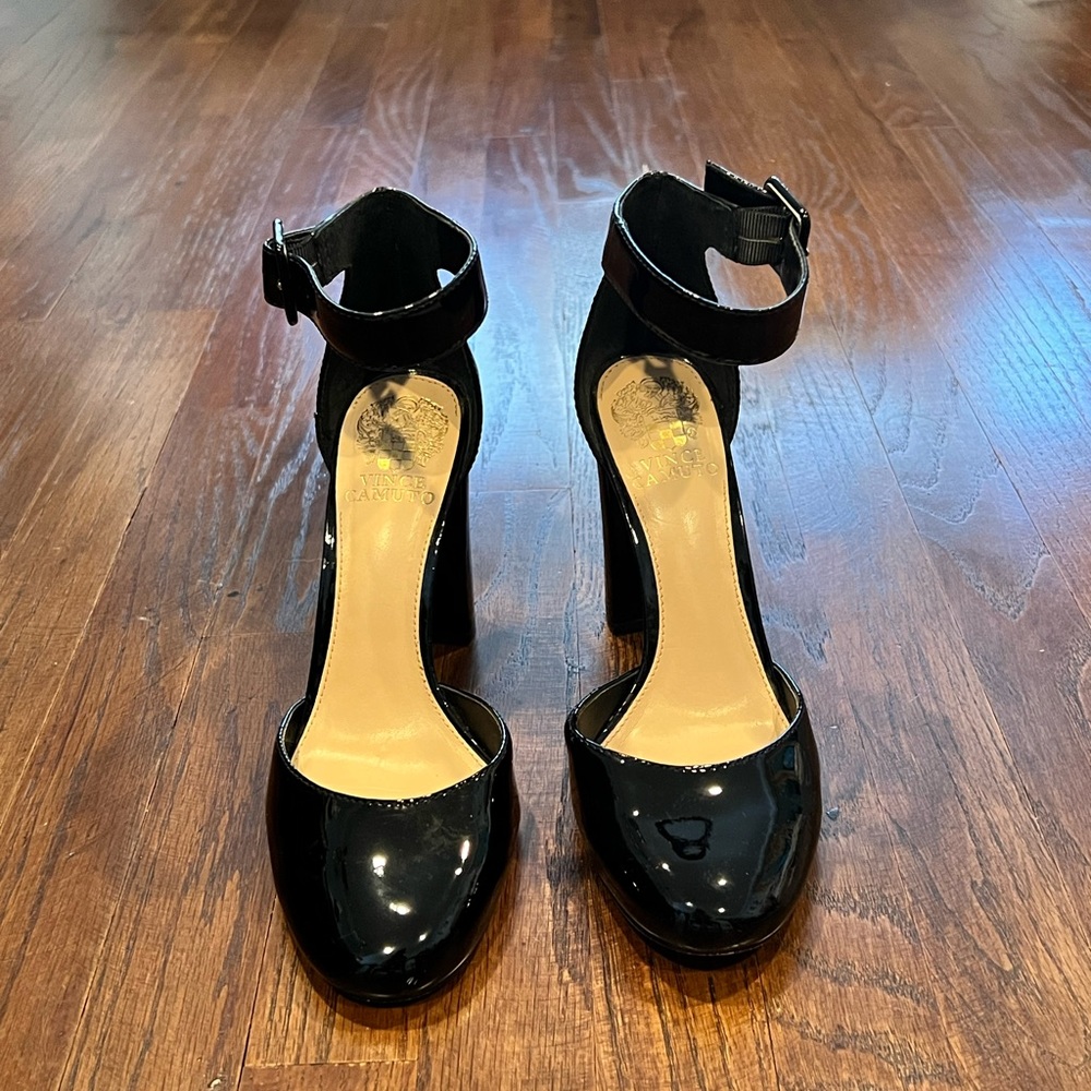 Vince Camuto Patent Leather Black Ankle Strap Pump Gem